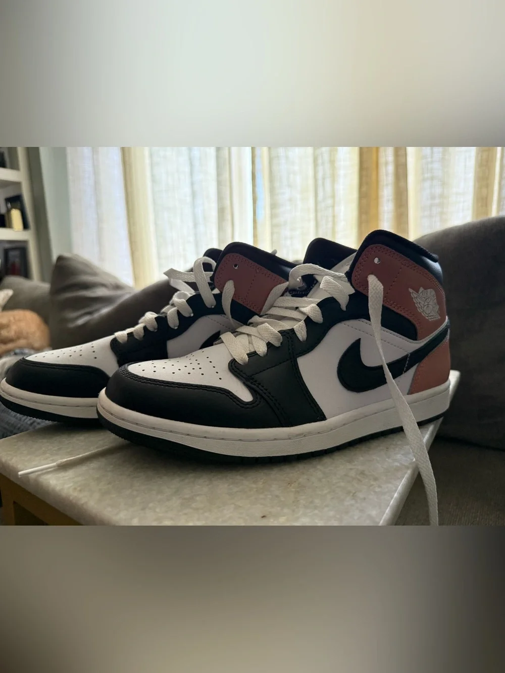 Jordan 1 Men's Mid Sneakers in White, Black & Pink